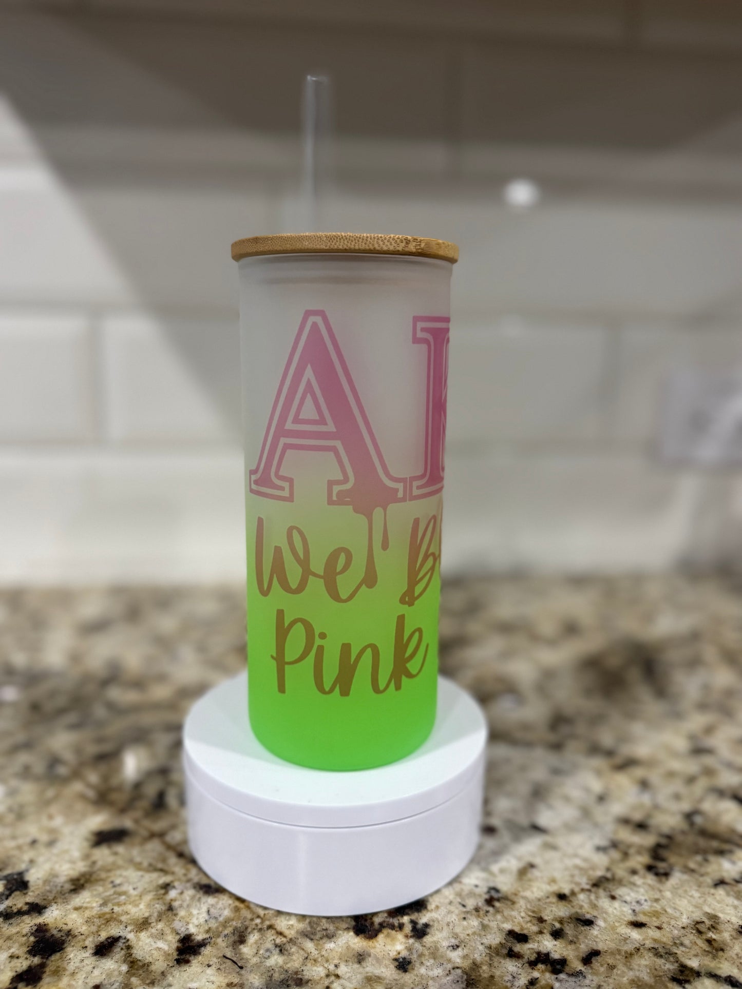 Alpha Kappa Alpha Glass Cup w/Bamboo Lid